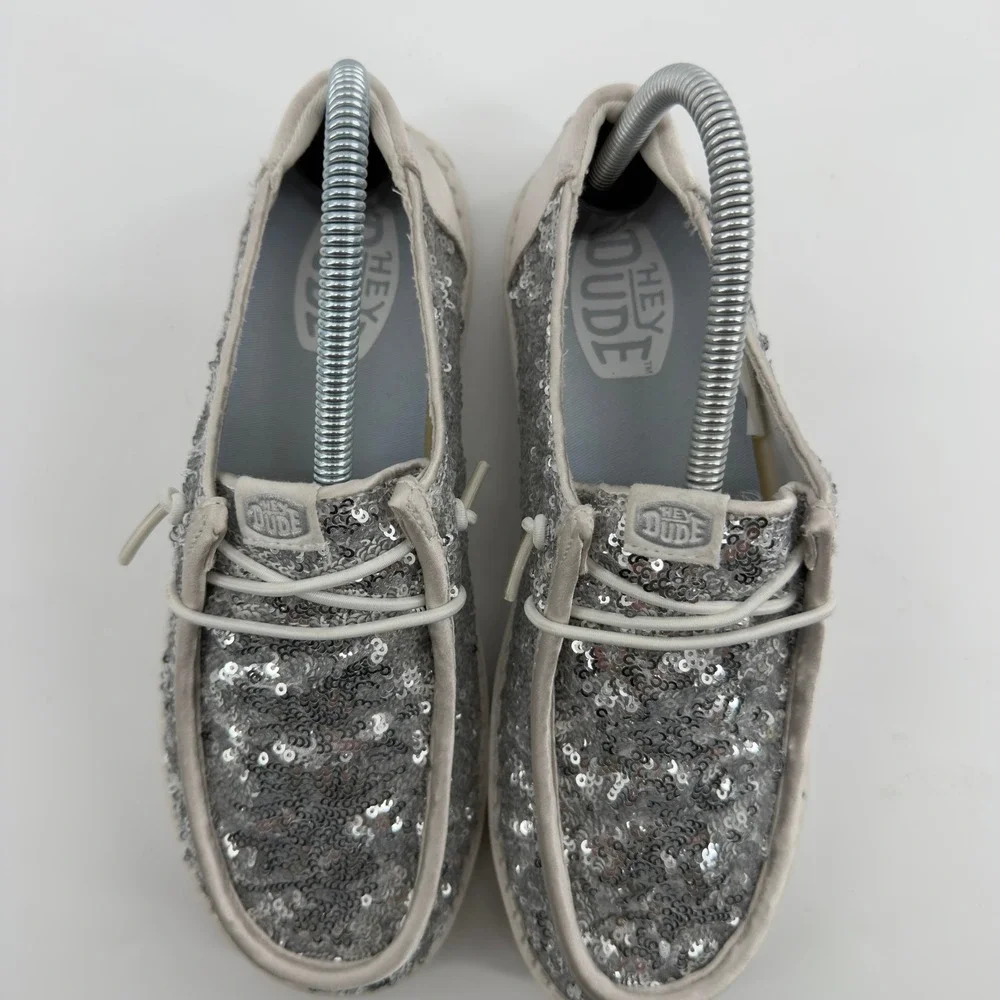 Hey Dude Wendy Sequin Cream Silver Sparkle Loafers Womens 7